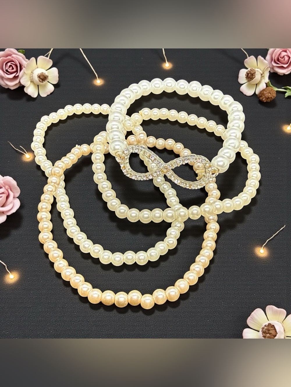 ๐ฉถFaux Pearl & Rhinestone-Embellished Infinity Charm Bracelet Set of 4/EUC๐ฉถ